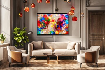 Stylish living room with an abstract frame poster