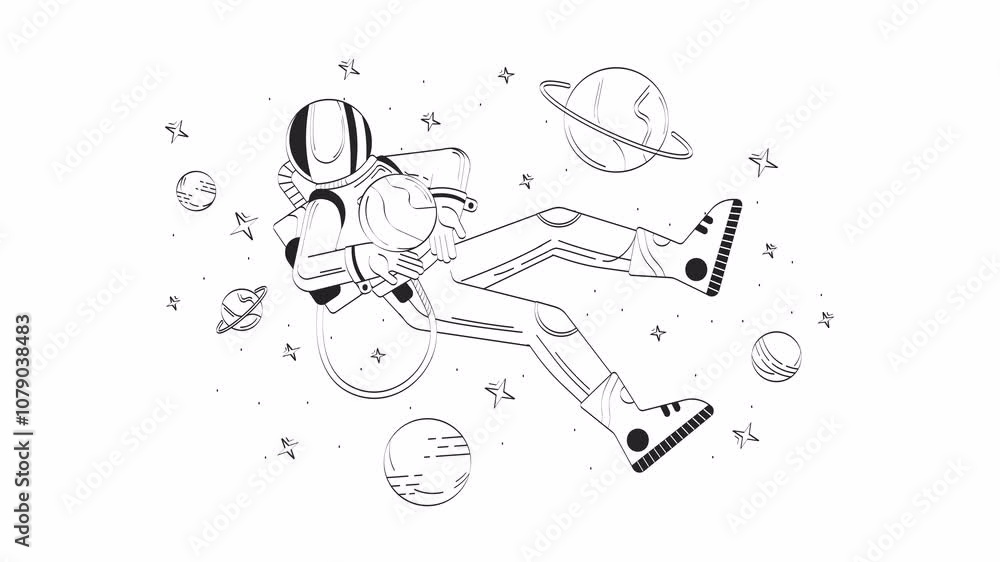 Poster helmet astronaut floating in space doodle outline animation. spaceman universe exploration 4k video 