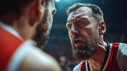 Intense Basketball Coach Motivating Players During Time Out with Expressive Gestures and Passionate Facial Expressions in High-Stakes Game Environment