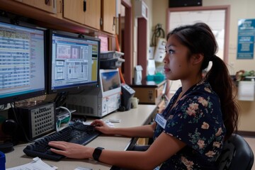 Registered nurse reviews patient charts on a computer monitor