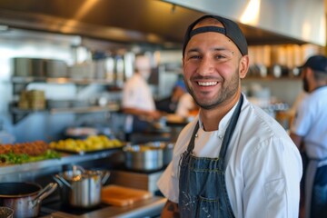 Fototapeta premium Portrait of a smiling American chef in restaurant kitchen