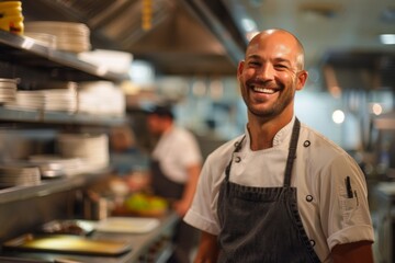 Portrait of a smiling American chef in restaurant kitchen