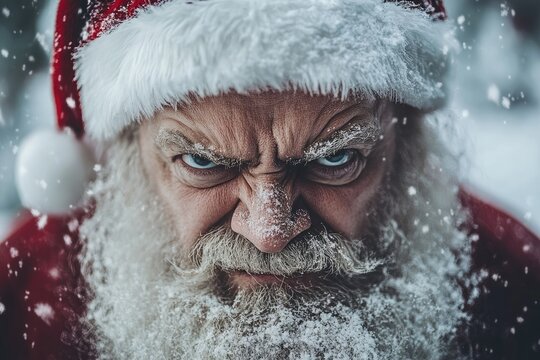 Angry santa claus with snow covered beard glaring in snowfall