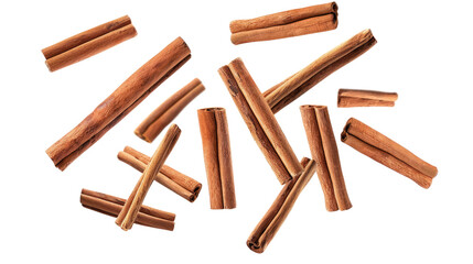 Cinnamon sticks pattern flying mid-air against a transparent background. Cut out or PNG.