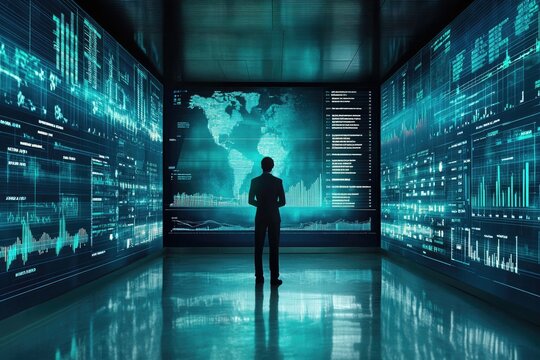Businessman analyzing global data trends on futuristic control room screens