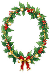Gold Christmas wreath with red berries and green leaves on transparent background
