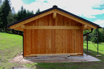 Facciata di casa di legno in costruzione con ponteggio edile con prato verde alberi e cielo