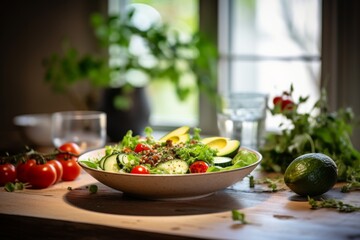 Vegan salad on plate in kitchen at morning