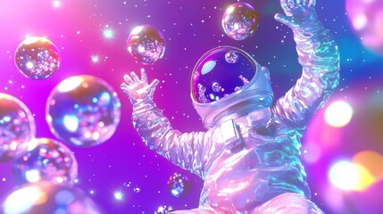 Cosmic Juggler - A Whimsical 3D Render of an Astronaut Playfully Juggling Glowing Space Orbs in Zero Gravity Amidst Colorful Galaxies and Stars