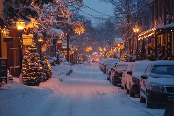 Christmas lights illuminating snowy street at dusk