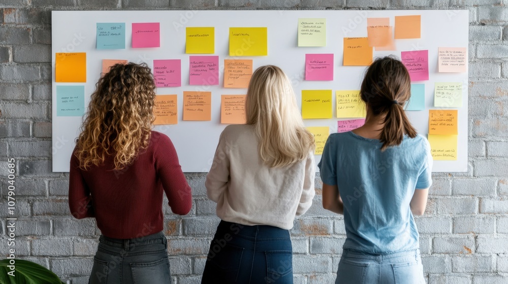 Poster Three Women Collaborating in a Bright Workspace While Engaging with Colorful Sticky Notes on a Wall, Representing Teamwork and Creative Brainstorming Sessions