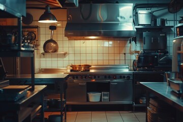Empty restaurant kitchen with professional equipment