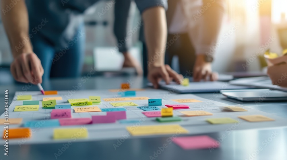 Poster Creative Brainstorming Session with Colorful Sticky Notes and Collaborative Teamwork in Modern Office Space Highlighting Innovation and Productivity