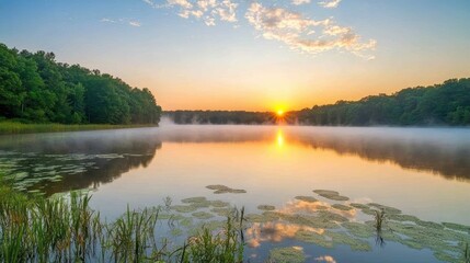 Fototapeta premium Serene Sunrise Over Misty Lake Surrounded by Lush Green Trees and Reflections on Calm Water in Tranquil Nature Landscape