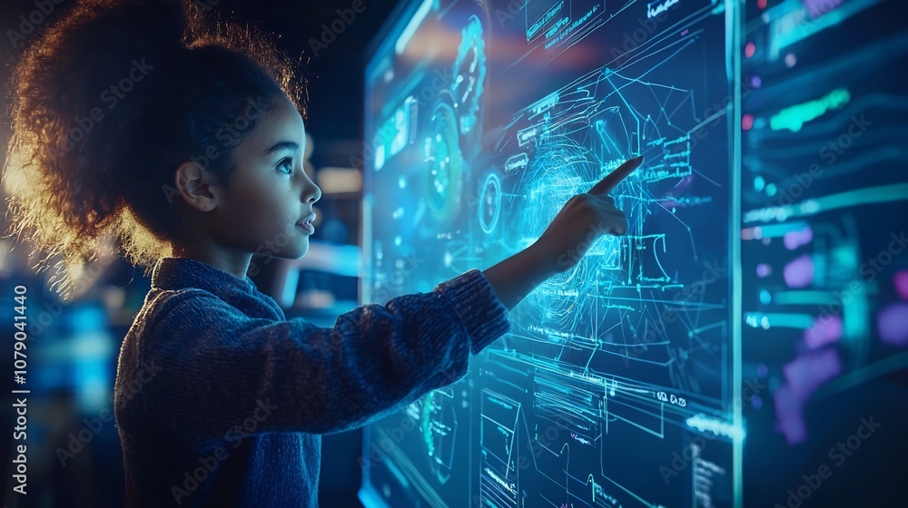 Poster teacher utilizing virtual classroom technology for interactive global lessons