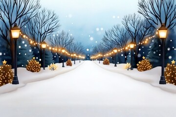 Fototapeta premium Watercolor painting of a snowy street lined with Christmas lights, capturing warmth and festive atmosphere