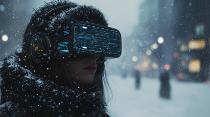 Woman using high-tech VR headset outdoors during snowfall in futuristic city setting