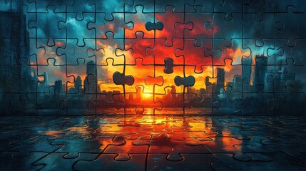 A vibrant sunset puzzle revealing a cityscape reflection.