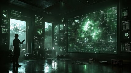 A scientist in a futuristic lab observes a large screen displaying complex data.