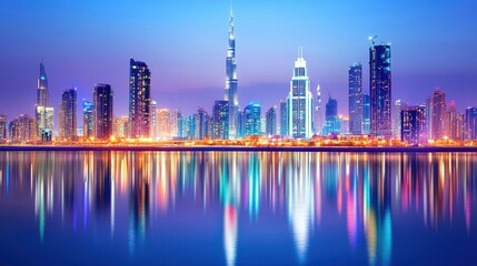Fototapeta premium Stunning Night View of a Modern City Skyline with Illuminated Skyscrapers and Reflections on Water in a Vibrant Urban Landscape