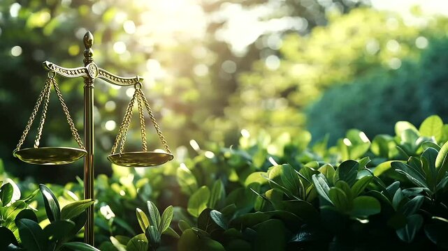 A pair of golden scales of justice emerge from a thicket of dense, green foliage, bathed in dappled sunlight, symbolizing the balance between legal oversight and environmental sust