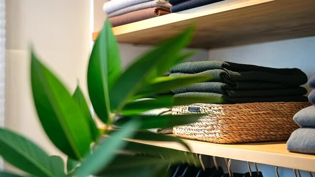 A modern, well-organized closet system with woven baskets, rows of folded clothes in soft colors, and a lush green plant on a shelf, representing harmony between nature and organiz