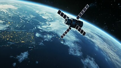 A satellite hovers in space with Earth’s vibrant surface below, its antennas pointed towards different regions, symbolizing the reach of global communication and data exchange.