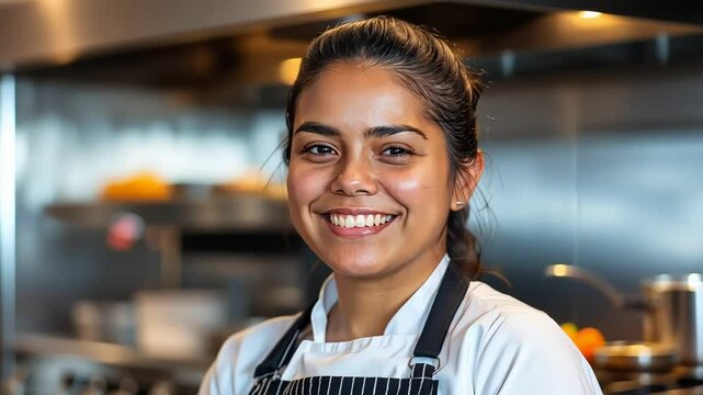 A talented chef smiles confidently while preparing dishes in a bustling restaurant kitchen during dinner service