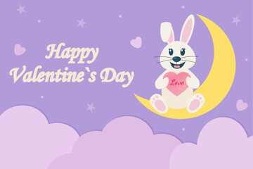 Cute Valentines Day card with a bunny holding a heart sitting on a crescent moon in a pastel sky. Design for celebration and season decoration, branding, banner, cover, label, card