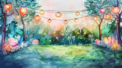 Magical garden scene with colorful lanterns illuminating a vibrant natural setting.