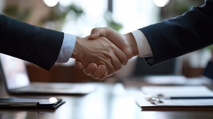 Close-Up: Business People Handshaking in Conference Room - Embracing Success and Collaboration in Corporate Aesthetics.