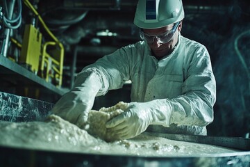 Artisan craftsman working meticulously in a dimly lit industrial facility. Generative AI