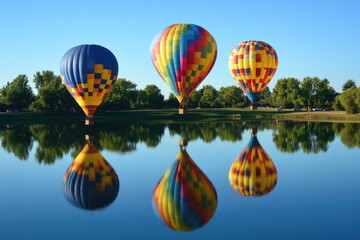 Fototapeta premium Hot Air Balloon Flight Over Blue Sky with Water Reflection in Recreational Leisure Activity