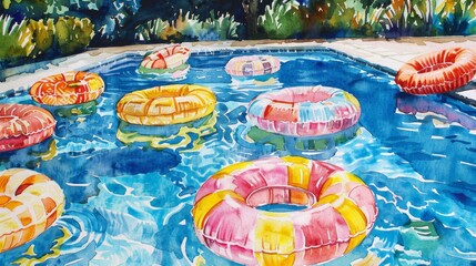 Vibrant watercolors depicting colorful pool floats in a serene swimming pool setting.
