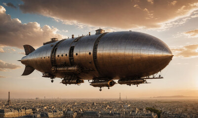 A large, metallic airship flies over a sprawling city at sunset