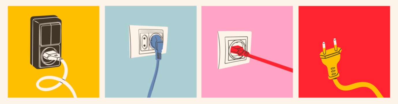 Different types of electric Plugs. Outlets, cord, wire, Sockets. Cartoon modern style. Hand drawn trendy Vector illustration. Isolated design elements. Cable network concept