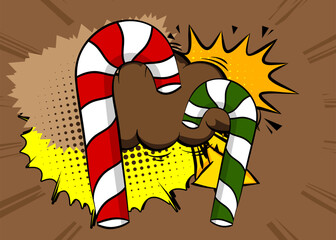 Cartoon Candy cane, comic book Holiday dessert. Retro vector comics pop art design.