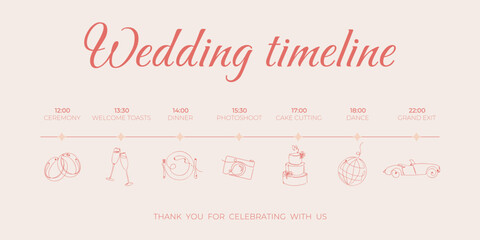 Timeline for wedding with line art icons. Event organization and planning of wedding day. Ceremony, cutting cake, dinner, party time, coctails, dance, photos, car