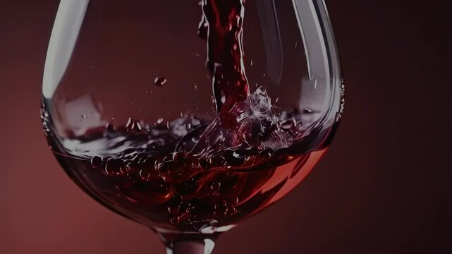 Red wine pouring into a glass with a red background and creating a splash.