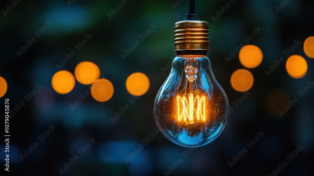 Poster a single glowing light bulb hangs in front of a blurry background of golden bokeh.