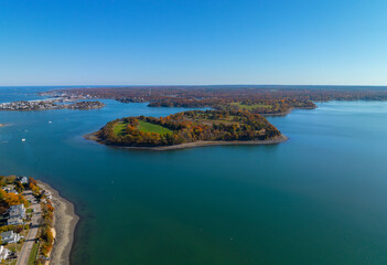 Obraz premium World's End peninsula aerial view in fall with fall foliage in Hingham Bay, town of Hingham, Massachusetts MA, USA. 