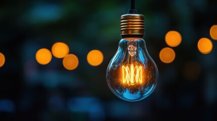 A single glowing light bulb hangs in front of a blurry background of golden bokeh.