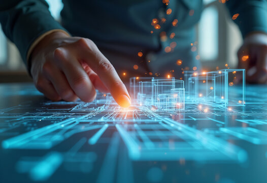 AI architect, Wireframe city model with hand interacting on table  suitable for urban development presentations, technology concepts, architectural projects, and virtual reality simulations.