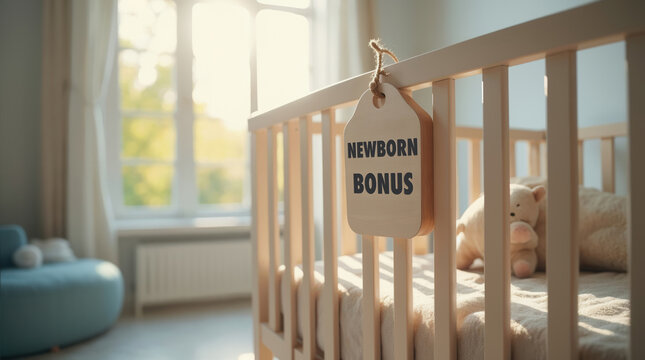 Newborn bonus sign hanging on baby crib in cozy room