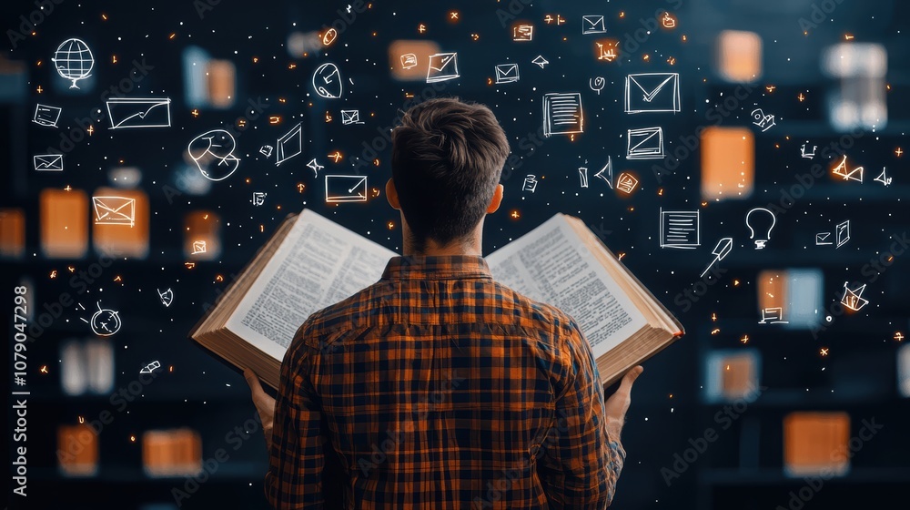 Poster college student engages with large open textbook to explore knowledge and foster learning in an acad