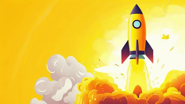 Yellow rocket ship taking off with bright explosion and copy space.