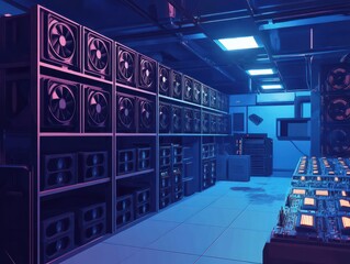 Obraz premium crypto mining farm with graphic card or gpu rack