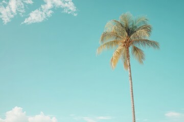 Tropical Paradise: Green Palm Tree against Blue Sky on Exotic Island