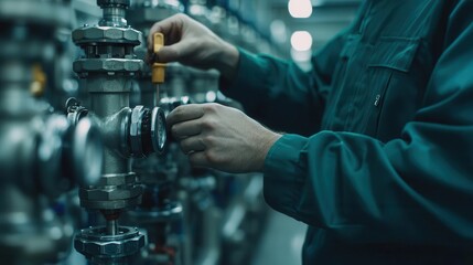 Fototapeta premium Worker adjusting octane valves in industrial setting, octane processing, handson energy production