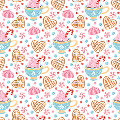 Christmas desserts seamless pattern. Traditional holiday hot chocolate, sweets and gingerbread on white background. Food vector illustration